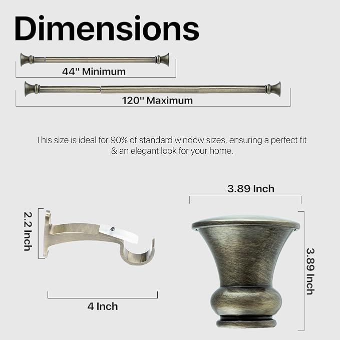 Deco Window Adjustable Curtain Rod for Windows 44 to 120 Inch (Pack of 1) Extendable Heavy Duty 1 Inch Iron Drapery Pole with Finials Wall Mounted French Door Curtain Rods (Brass)