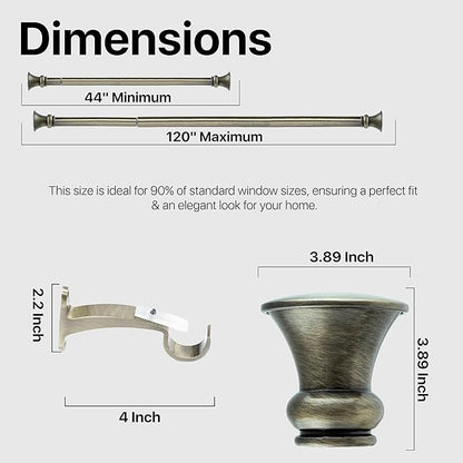 Deco Window Adjustable Curtain Rod for Windows 44 to 120 Inch (Pack of 1) Extendable Heavy Duty 1 Inch Iron Drapery Pole with Finials Wall Mounted French Door Curtain Rods (Brass)