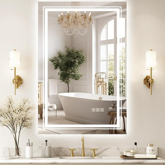 24x32 LED Mirror for Bathroom with Front and Backlit Light Up Digital Mirrors for Wall,Anti Fog,Stepless Dimmable,Tempered Silver Glass Smart Vanity Mirror for Bathroom