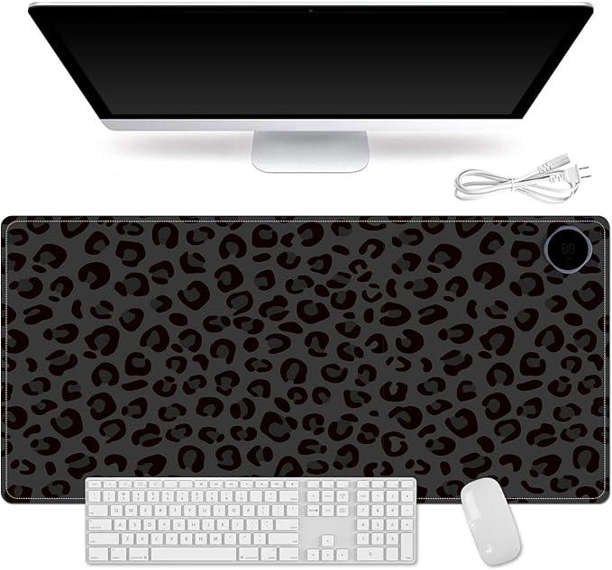 Heated Mouse Pad for Desk 31.5" x 13" – PU Leather Warm Desk Pad with 3 Heat Levels (104°F/113°F/122°F), Plug-in Electric Heating Mat with Auto Shut-Off, Waterproof & Rollable, Dark Leopard Print