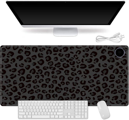 Heated Mouse Pad for Desk 31.5" x 13" – PU Leather Warm Desk Pad with 3 Heat Levels (104°F/113°F/122°F), Plug-in Electric Heating Mat with Auto Shut-Off, Waterproof & Rollable, Dark Leopard Print