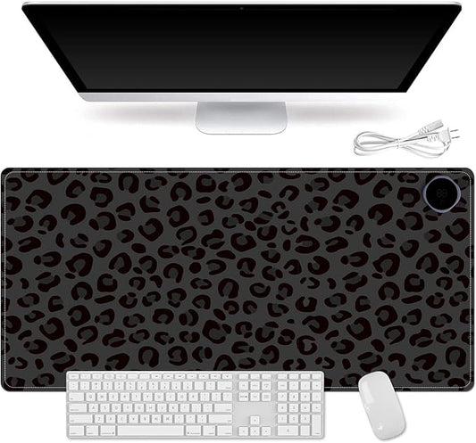 Heated Mouse Pad for Desk 31.5" x 13" – PU Leather Warm Desk Pad with 3 Heat Levels (104°F/113°F/122°F), Plug-in Electric Heating Mat with Auto Shut-Off, Waterproof & Rollable, Dark Leopard Print