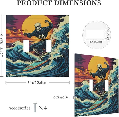Skeleton Riding Surfboard on Wave In The Ocean Light Switch Covers Double Toggle 2 Gang Wall Plate Dual Decorative Switchplate Electrical Faceplate for Farmhouse Living Room Decor
