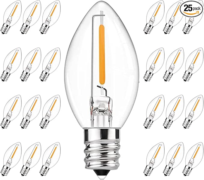 C7 LED Replacement Bulbs,25 Pack 0.6W C7 LED Christmas Lights Bulbs for String Lights,E12 Base,Warm White 2700K Waterproof Vintage Clear Bulbs for Night Light Candles Garden,Christmas