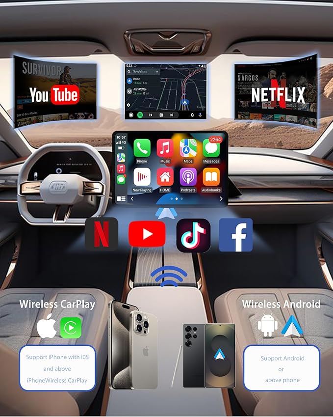 Wireless CarPlay Adapter AI Box for iPhone & Android Auto – YouTube & Netflix Support, TF Card Offline Playback, Plug and Play, Wired to Wireless Conversion, Stable 5.8GHz WiFi & Bluetooth 5.3