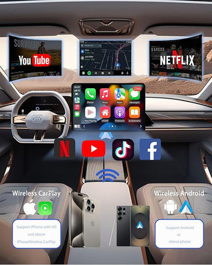 Wireless CarPlay Adapter AI Box for iPhone & Android Auto – YouTube & Netflix Support, TF Card Offline Playback, Plug and Play, Wired to Wireless Conversion, Stable 5.8GHz WiFi & Bluetooth 5.3