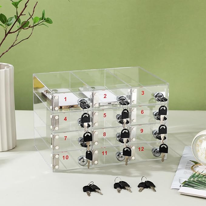 Layhit 12 Slots Cell Phone Locker Box for Classroom Clear Acrylic Cell Phone Storage Cabinet Bin with Door Locks for Classroom School Students Office Factory Employees