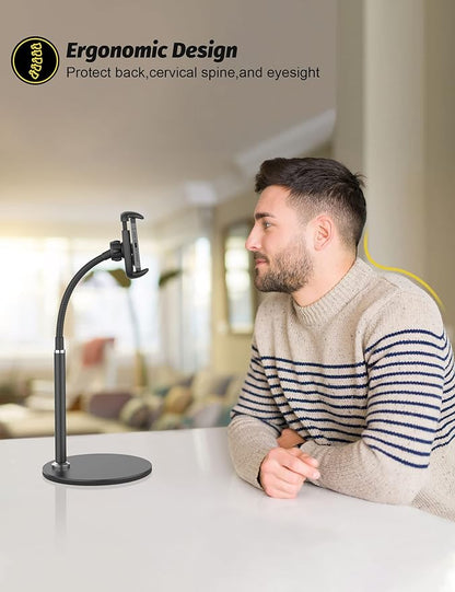 Cell Phone Stand, Adjustable Height & Angle Gooseneck Stand for Desk Flexible Arm Universal Holder, Aluminum Alloy Desktop Recording Compatible with 3.5"-7" Device (Black)