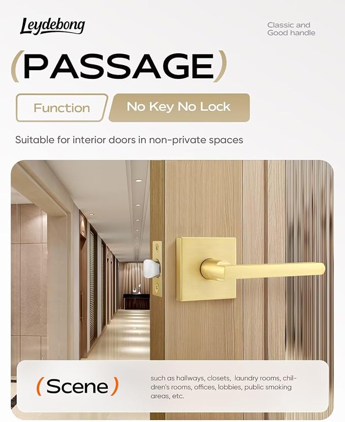 Leydebong 4 Pack Passage Door Levers Square Hall Closet Handles, Heavy Duty Interior Keyless Lever Sets, Reversible for Right & Left Side, Satin Brass Finish
