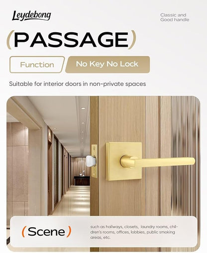 Leydebong 4 Pack Passage Door Levers Square Hall Closet Handles, Heavy Duty Interior Keyless Lever Sets, Reversible for Right & Left Side, Satin Brass Finish