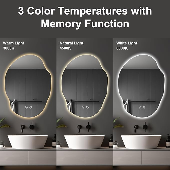 Irregular LED Bathroom Mirror with Lights,Asymmetrical Led Bathroom Vanity Mirror for Wall with Backlit, Anti Fog, 3 Colors and Dimmable Light,[Horizontal/Vertical] 30" H x 22" W