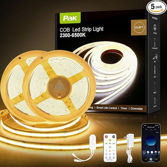 COB LED Strip Lights 32.8ft, Dimmable White CCT Tunable 2300K-6500K, DC 24V High Lumen Cuttable LED Tape Light, 6080 LED 48W CRI 90, APP Remote Control, Music Mode, For Home DIY, Living Room, Bedroom