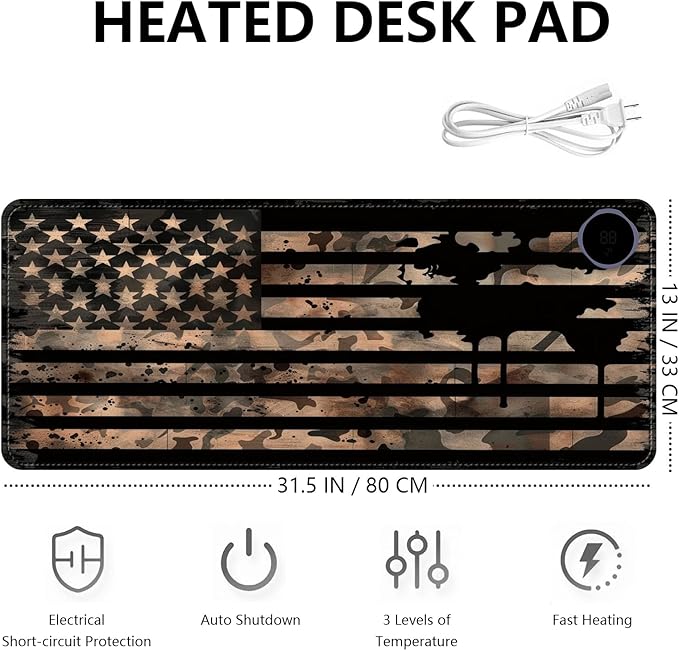 Heated Mouse Pad with 3 Levels Heated & 3 Hours Auto Shut-Off Mouse Pad for Warming Hands in Office Home, 31.5" x 13"Large Safe Desk Mat Hand Warmer，Vintage Flag