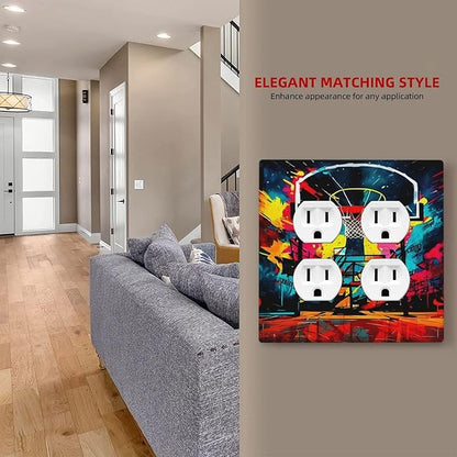 Decorative Outlet Covers Scrawl Colorful Basketball Graffiti Hoop 2 Gang Wall Plate Cover Double Duplex Receptacle Two Switch Light Switch Cover Plate Dual Faceplate for Home Decor