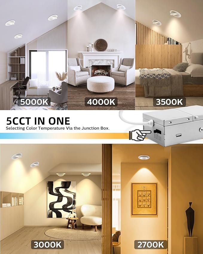 Adetu 4 inch Gimbal led recessed Lights, 360°+90° Adjustable Directional Recessed Lighting, 2700K/3000K/3500K/4000K/5000K Dimmable Retrofit Eyeball Can Lights with Jbox, ETL