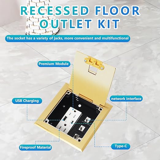 KYHSHJ Recessed Flat Hidden Socket Kit with 2 * 15A Receptacle，4.8A 1 USB-A Ports &1 USB-C Port+3-Port RJ45 Datacom Receptacle. Internal Height Adjustable，Corrosive Resistant Hardware,Brass