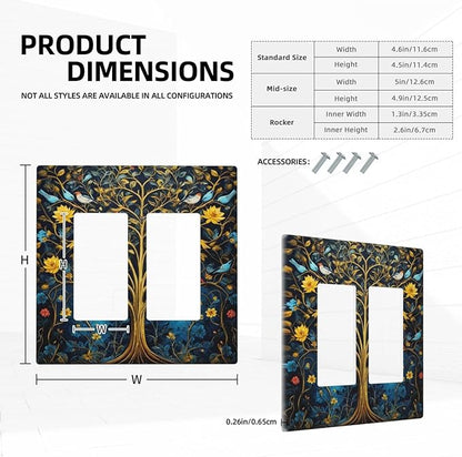 Gold Tree With Birds Flowers on Branches Dual Outlet Covers Wall Plate 2 Gang Rocker Decora Decorative Switchplate Electrical Faceplate GFCI Light Switch Covers for Farmhouse Living Decor
