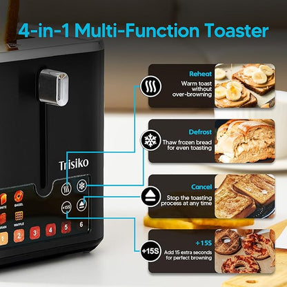 Trisiko® Touch Screen Toaster 2 Slice,Smart Toaster with Digital Timer, 1.38" Extra-Wide Slots for Bread& Bagel,with Reheat, Defrost, Cancel, +15s Boost, Great for Home, Office, Dorm (Black)