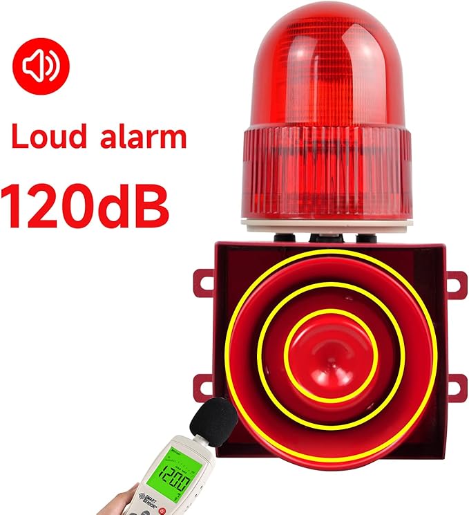 Motion Sensor Alarm 120dB Horn Adjustable Volume Tones Waterproof LED Strobe Light Sirens Motion Detector Alarm System for Home Factories, Warehouses and Docks Security AC110-120 V SLA-01W
