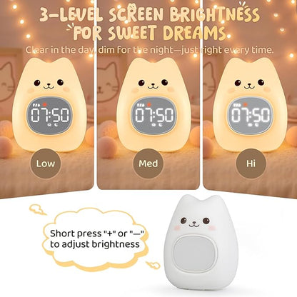 Cat Alarm Clock with Night Light for Kids with Sleep Training and Sound Machine, Rechargeable Silicone Lamp OK to Wake Clock，Cute Animal Tabletop Lamp, Perfect Sleep Companion for Boys Girls
