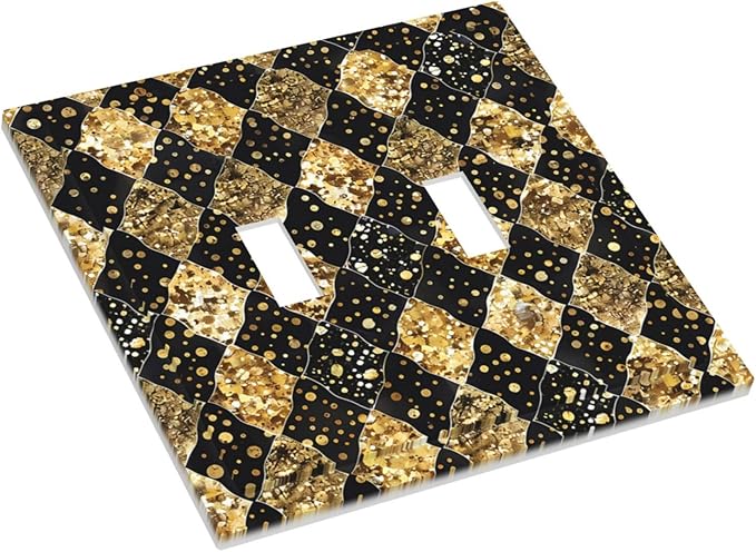 Gold Black Marble Geometric Plaid Glitter Decorative Switch Plates 2 Gang Double Toggle Outlet Light Switch Cover Wall Plate Electrical Faceplate for Bedroom Bathroom Decor