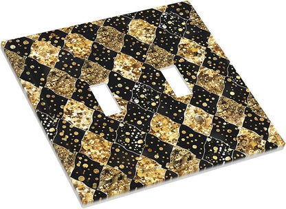 Gold Black Marble Geometric Plaid Glitter Decorative Switch Plates 2 Gang Double Toggle Outlet Light Switch Cover Wall Plate Electrical Faceplate for Bedroom Bathroom Decor