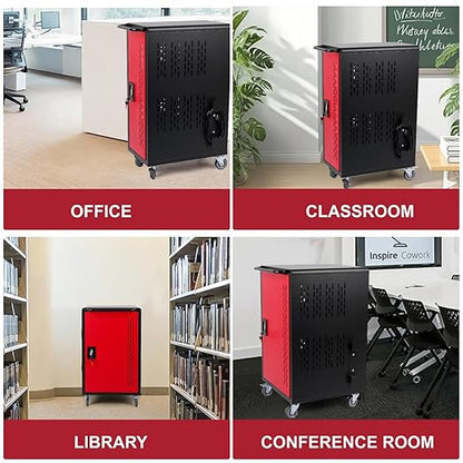 32 Unit Laptop Charging Cart Station, Mobile Charging Cabinet with Built-in Power Strip and Cable Organizers, Laptop Storage Box with Secure Locking & Wheels for Classrooms, Offices, Black