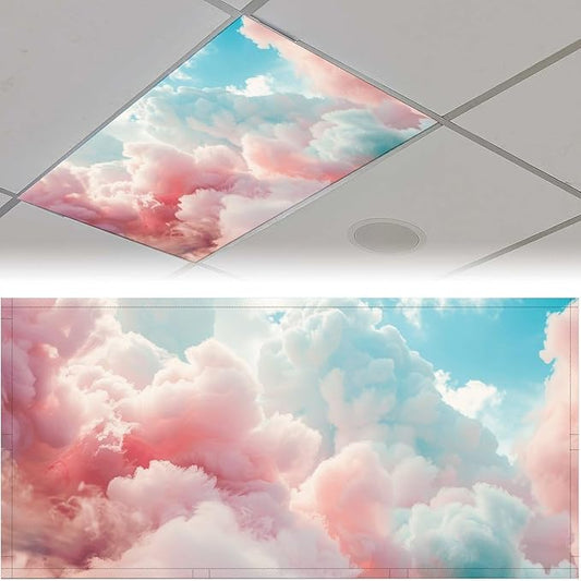 2PCS Fluorescent Light Cover for Ceiling Light Classroom-Cloud Magnetic Light Cover Fluorescent Light Shade Panel,Decorative Film Filter for Reducing Harsh Glare Flicker Home School Office Decorations
