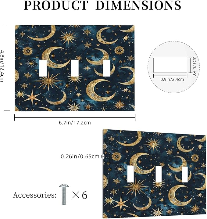 Decorative Switch Plates Modern Abstract Sky Blue Gold Moon Sun Star 3 Gang Wall Plate Triple Toggle Light Switch Cover Faceplate Electrical Wall Panels for Bedroom Kids room Decor