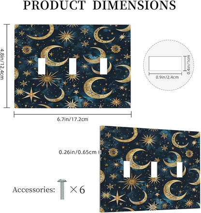 Decorative Switch Plates Modern Abstract Sky Blue Gold Moon Sun Star 3 Gang Wall Plate Triple Toggle Light Switch Cover Faceplate Electrical Wall Panels for Bedroom Kids room Decor