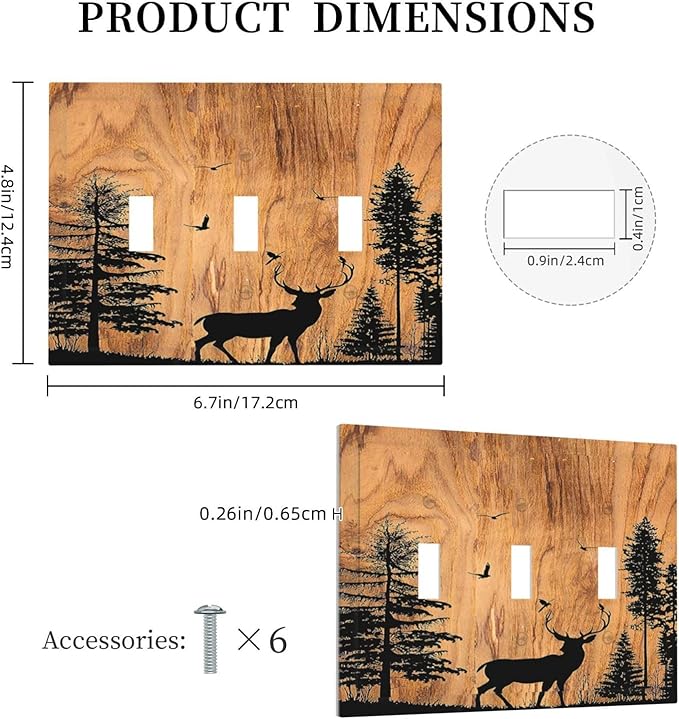 Decorative Switch Plates Rustic Farmhouse Orange Brown Pine Tree Deer Wood Grain 3 Gang Wall Plate Triple Toggle Light Switch Cover Faceplate Electrical Wall Panels for living Room Decor