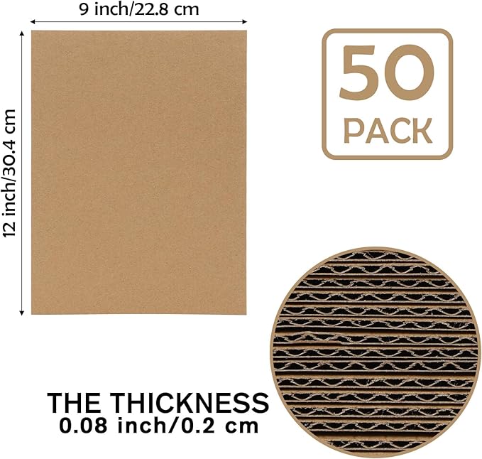 Calenzana 9x12 Corrugated Cardboard Sheets Set of 50, Flat Card Boards Inserts for Crafts, Packing, Shipping, Moving, Mailing