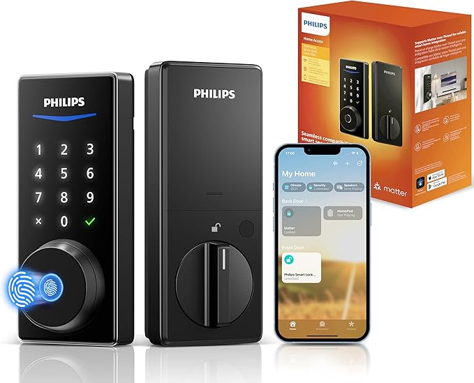 Philips Bluetooth Smart Door Lock with Matter, Keyless Entry Door Lock with App Control, Fingerprint Front Door Lock Set, Keypad Deadbolt Lock with Apple Home, Alexa, Google, Touchscreen Smart Lock