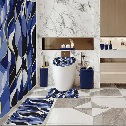 Bathroom Set - Blue and Gold Bathroom Accessories, Bathroom Sets with Shower Curtain and Rugs, Navy Blue Shower Curtain Set with Bathroom Trash Can, Soap Dispenser, Soap Dish for Home Decor