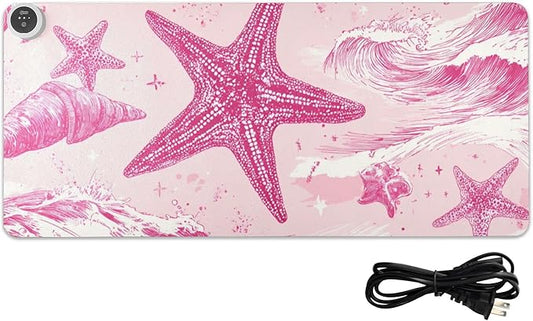 Heated Desk Pad Mouse Pad 31.5x13 Inch PU Leather Desk Mat with 3 Heat Levels Large Mouse Gaming Computer Laptop Mat Bright Pink Starfish Waves Shells