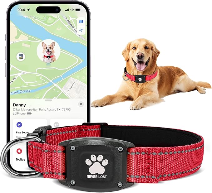 GPS Dog Collar Tracker 2-in-1,Reflective Waterproof Pet Collar,iOS-Only,No Monthly Fees,Unlimited Range,Ideal for Dog Tracking pet Tracker,for Small Dogs(S (12.6"-16.5" Width:0.78"), Red)