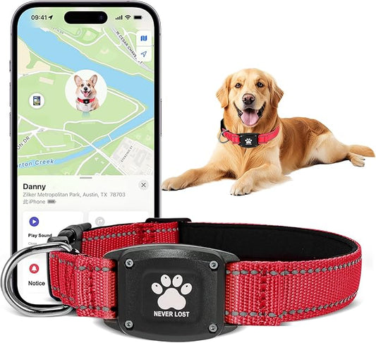 GPS Dog Collar Tracker 2-in-1,Reflective Waterproof Pet Collar,iOS-Only,No Monthly Fees,Unlimited Range,Ideal for Dog Tracking pet Tracker,for Small Medium Large Dogs(XS (10.6"-13.6"), Red)