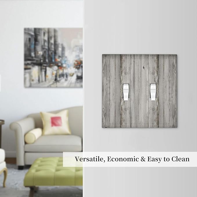 Decorative Switch Plates Farmhouse Rustic Grey Barn Door Wood 2 Gang Double Toggle Outlet Light Switch Cover Wall Plate Electrical Faceplate for Bedroom Cabin Decor
