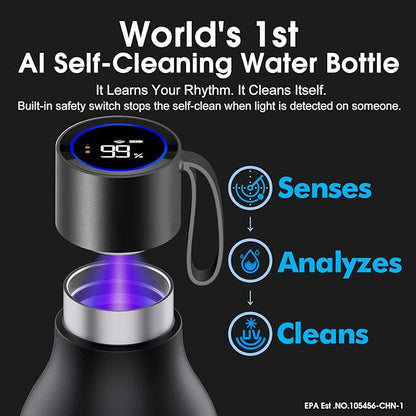 VSITOO 33oz Smart Self Cleaning Water Bottle，Insulated Water Bottle with Stainless Steel, BPA-Free, AI Self-Clean, 30-Day Battery, Magnetic Charging for Travel, Gym or Office, Black