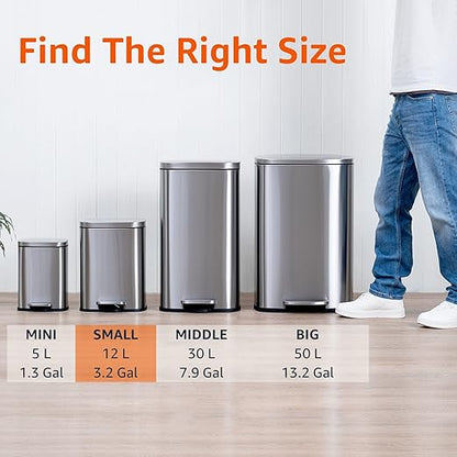 Amazon Basics Smudge Resistant Small Rectangular Trash Can With Soft-Close Foot Pedal, Brushed Stainless Steel, 12L/3.2 Gal, 11.3x9.9x15.1 in, Satin Nickel Finish