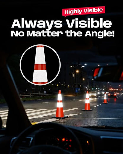 BATTIFE 28 Inch Traffic Cones with Black Weighted Base, PVC Orange Safety Cones for Traffic Control, Construction Events, Driveways, and Parking Lots (4 Pack)