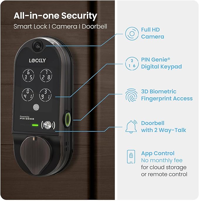 Lockly Vision Smart Lock, HD Video Doorbell Smart Locks for Front Door, Fingerprint Door Lock, Touchscreen Keypad, App Control, No Monthly Fee, Auto Lock - Venetian Bronze