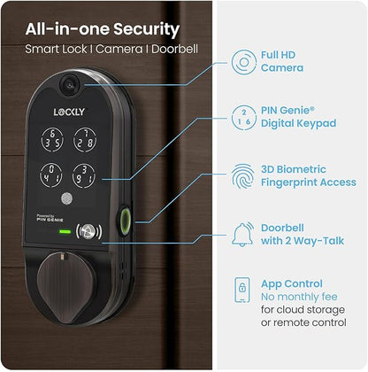 Lockly Vision Smart Lock, HD Video Doorbell Smart Locks for Front Door, Fingerprint Door Lock, Touchscreen Keypad, App Control, No Monthly Fee, Auto Lock - Venetian Bronze