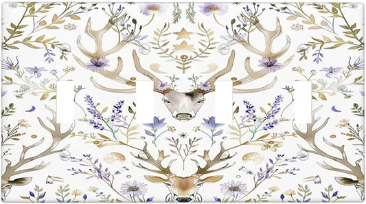 Light Switch Covers Gothic Retro Floral Damask Elk Wild Flower Quad Toggle Electrical Faceplate 4 Gang Wall Plate Decorative Switch Plates For Bed Room Living Room Decor