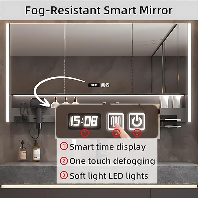 Modern Bathroom Vanity – Cabinet Set with LED Smart Defogging Mirror & Time Display | Bathroom Vanity with Sink, Large Space Storage with Easy Installation, 2 Drawers (Grey, 52IN)