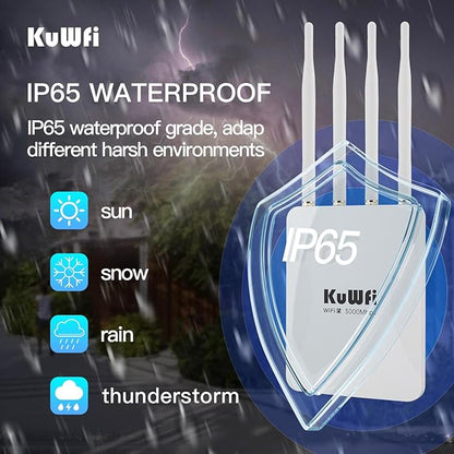 KuWFi AX3000 WiFi 6 Outdoor Access Point Repeater, Long Range Extender 100-300Meter Dual Band Gigabit, IP65 Waterproof, PoE Powered, Supports 256+ Devices for Business, Parties, Starlink