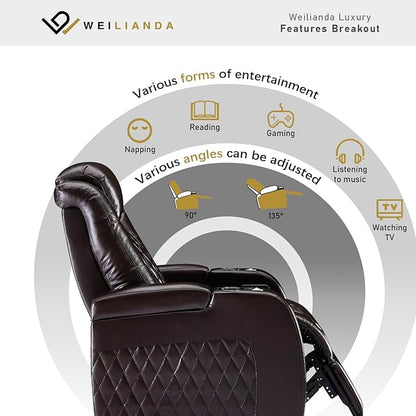 Weilianda Home Theater Seating Top Grain Leather Zero Gravity Recliner Chair Power Headrest Recline Movie Seat Gaming 7 Colors Mood Light Sofa with Tray Table USB Charge Row of 1 Brown