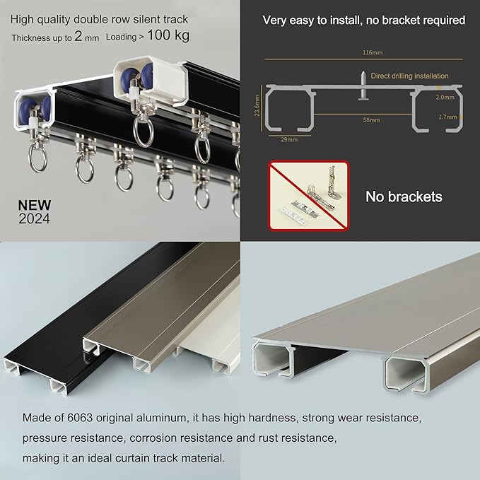 Double Row Ceiling Curtain Track - Ceiling Mounted Curtain Double Rails for Drapes, Room Dividers - Black, 4.5M