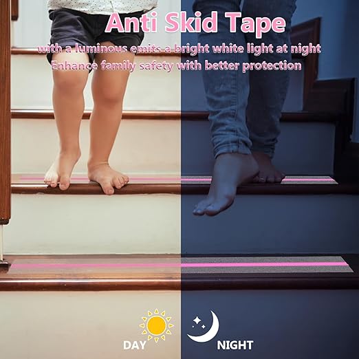 Anti Slip Tape, Clear Glow in The Dark Traction Grip Tape, 2 Inch x 32.8ft Waterproof Indoor/Outdoor, Non Slip Stair Treads Safety Tape(Clear with a line of Glow,Pink, 2" Width)