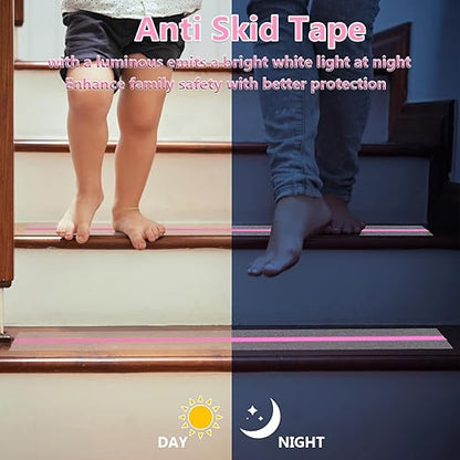 Anti Slip Tape, Clear Glow in The Dark Traction Grip Tape, 2 Inch x 32.8ft Waterproof Indoor/Outdoor, Non Slip Stair Treads Safety Tape(Clear with a line of Glow,Pink, 2" Width)